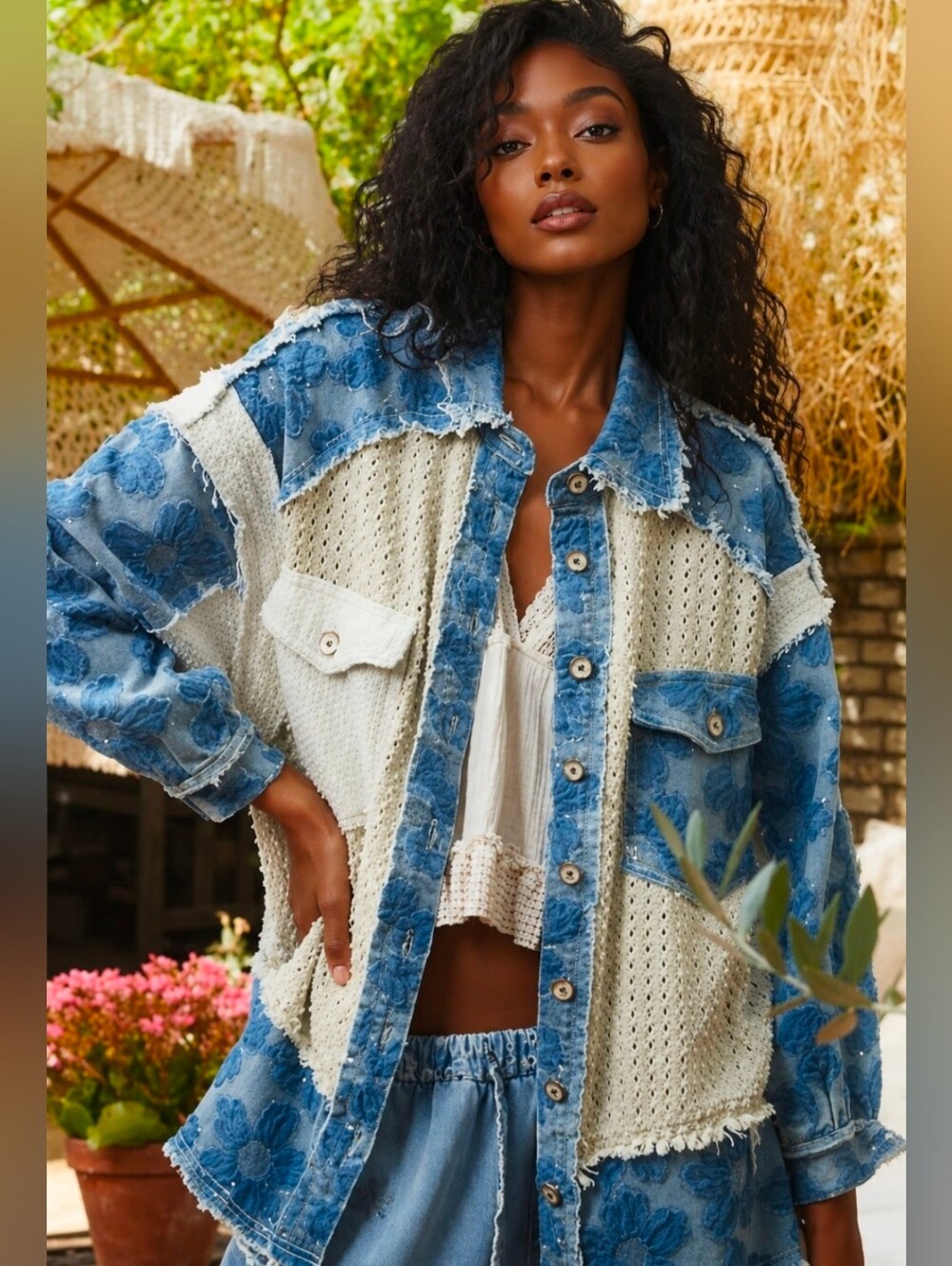 NEW!!! POL Boho Patchwork Crochet & Denim Jacket in Blue and Cream, Sz Large